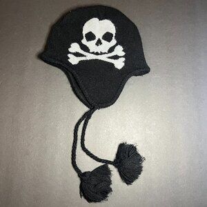 Skull & Bones Black Grey Acrylic Beanie Hat w/ Chin Straps Youth Size 4 - 16